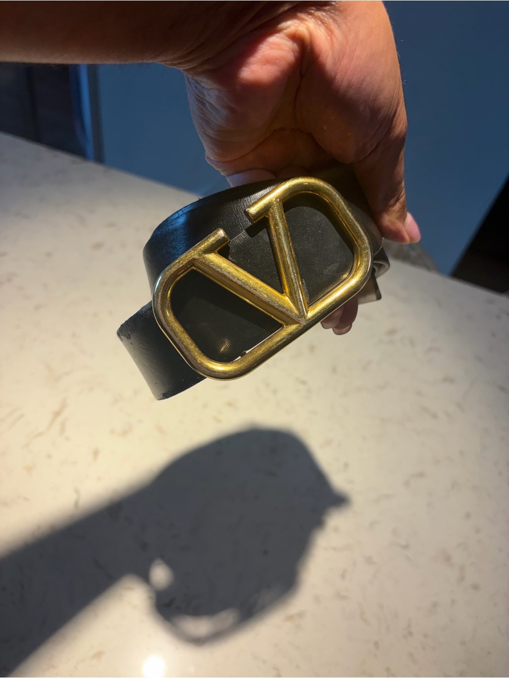 Valentino Garavani Black Leather Belt with Gold V Logo Buckle